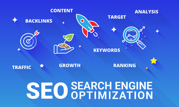 Search Engine Optimization (SEO) seen as a way to
                            skyrocket your marketing as a rocket passes through stars and a map of different SEO parts
                            described by our SEO experts 